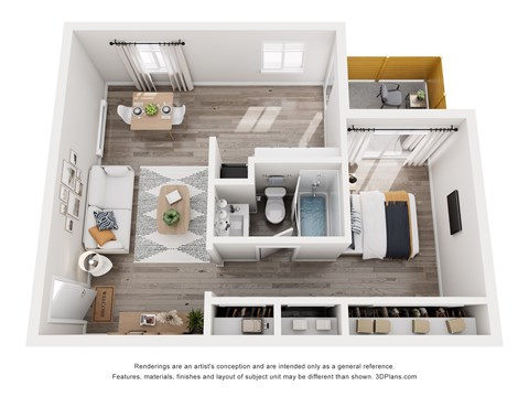 Floor plan for 1 bed, 1 bath, 611 sqft